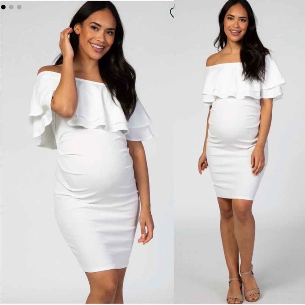 Pinkblush White Waffle Knit Off Shoulder Ruched Maternity Dress - Picture 12 of 12